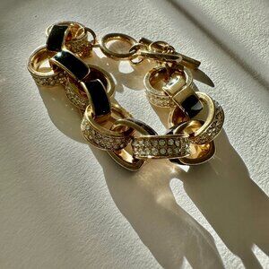 Black Enamel and Rhinestone Gold Tone Bracelet